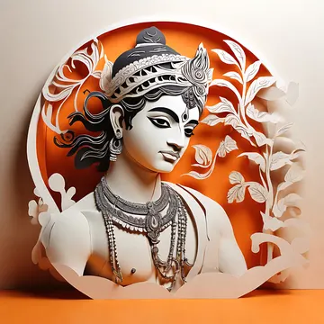 A stylized paper-cutout artwork of a person with ornate headwear and jewelry, set against an orange circular background with decorative foliage