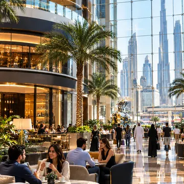 People enjoying coffee in a luxury hotel lobby with a view of the Burj Khalifa
