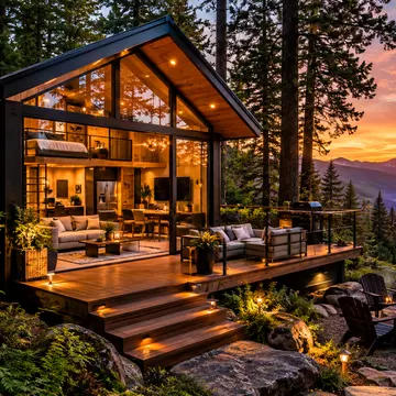 Modern cabin with glass walls overlooks lake at sunset with fire pit and outdoor seating