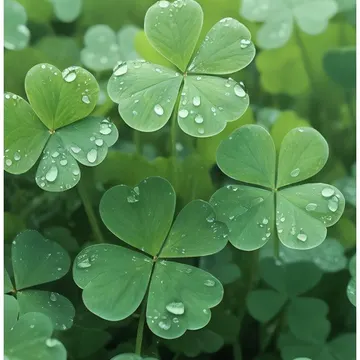 Four leaf clovers covered in dewdrops in a green garden