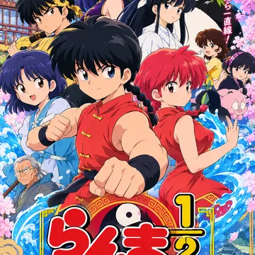 Anime characters from Ranma 1/2 in martial arts poses with cherry blossoms and Japanese buildings