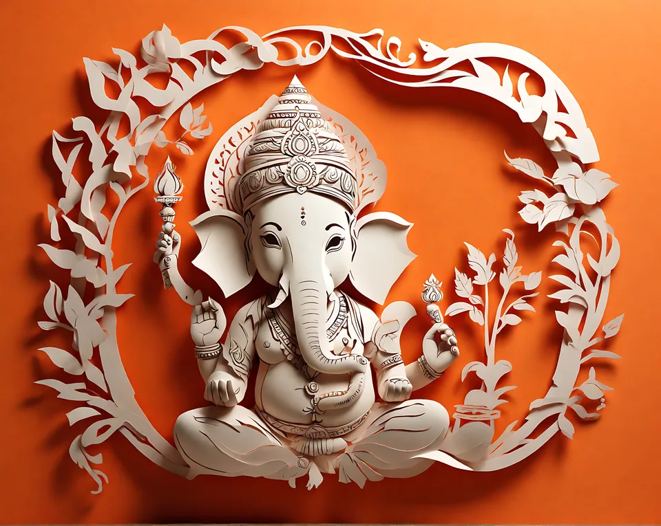 A white paper-cutout sculpture of the Hindu deity Ganesha, framed by ornate foliage against an orange background