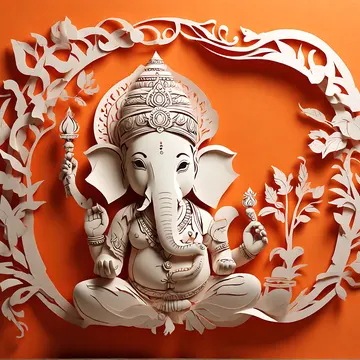 A white paper-cutout sculpture of the Hindu deity Ganesha, framed by ornate foliage against an orange background