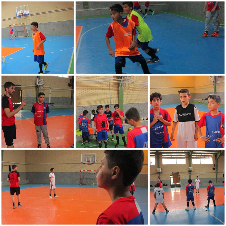 A collage of images showing young boys playing indoor basketball in a gymnasium, wearing team jerseys and athletic shorts