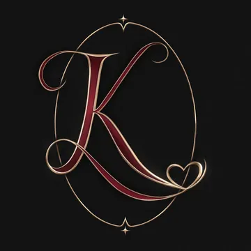 Elegant gold and maroon letter K with decorative swirls on a dark patterned background