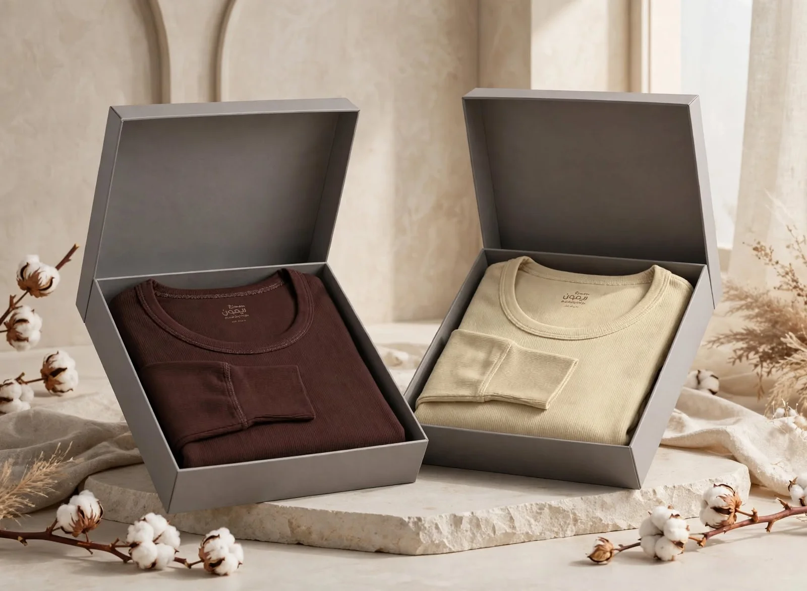 Two folded ribbed shirts in brown and beige in gray boxes with cotton bolls and dried grasses on stone