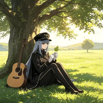 A girl in a black uniform sits under a tree holding a leaf with a guitar beside her in a grassy field
