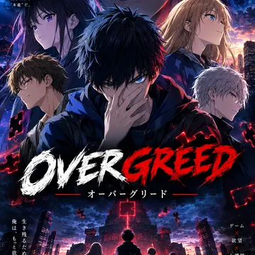 Five anime characters face a glowing red puzzle tower in a neon city at dusk