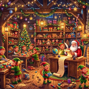 A festive, illustration of Santa Claus and elves in a decorated workshop filled with toys, gifts, and holiday decorations