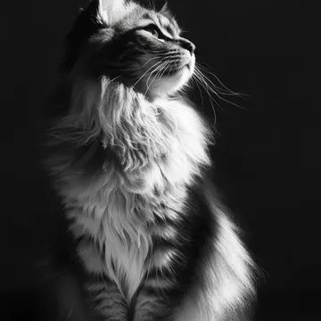 A fluffy cat sits in a beam of light, looking up with whiskers extended against a dark background