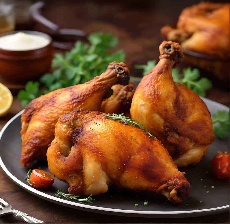 A plate of roasted chicken legs garnished with herbs and cherry tomatoes, with a lemon wedge and sauce in the background