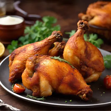 A plate of roasted chicken legs garnished with herbs and cherry tomatoes, with a lemon wedge and sauce in the background