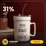 White coffee mug with straw and text on wooden surface with red background and sale graphic