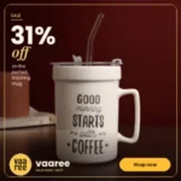 White coffee mug with straw and text on wooden surface with red background and sale graphic