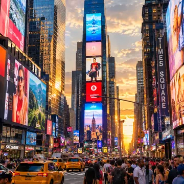 Busy Times Square street with pedestrians yellow taxis and glowing digital billboards at sunset