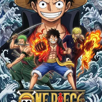 Anime characters Luffy Zoro Sanji in battle poses with flames and sea waves around them