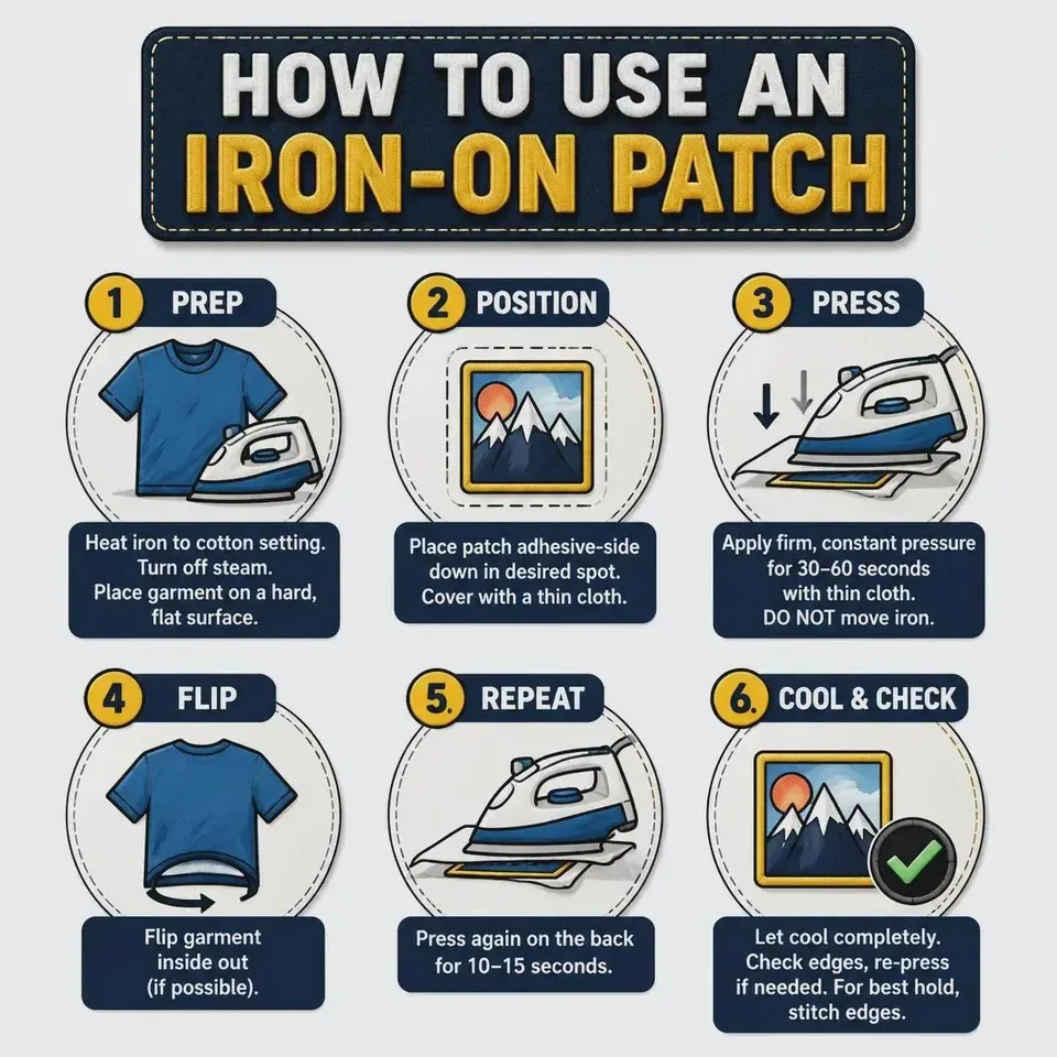 Infographic with six steps to apply an iron-on patch using an iron and cloth