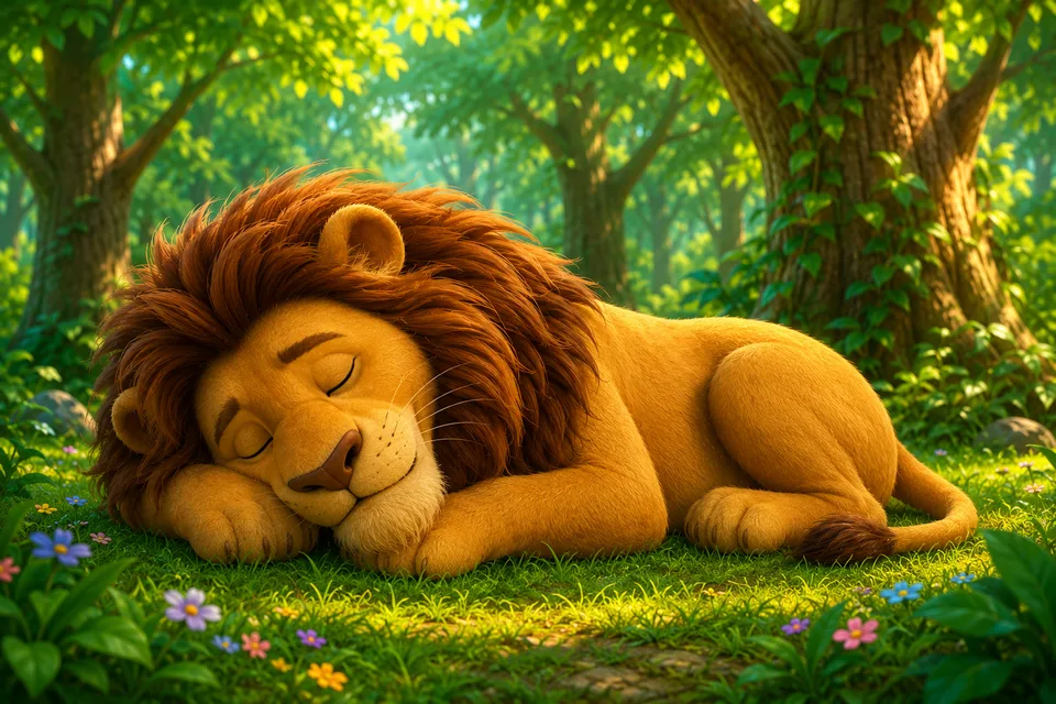 A lion rests peacefully in a sunlit forest clearing with colorful flowers around