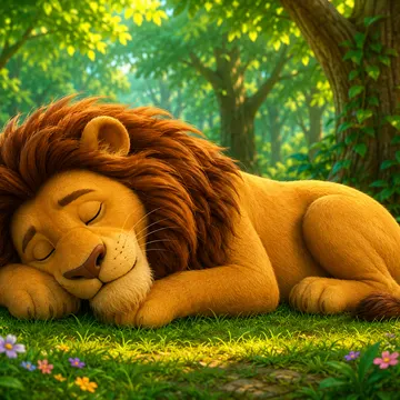 A lion rests peacefully in a sunlit forest clearing with colorful flowers around