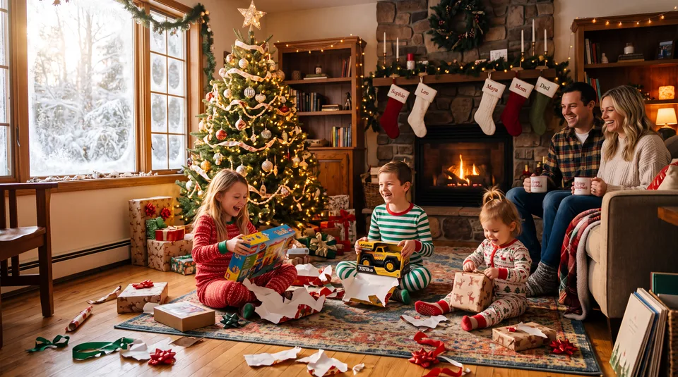 A family is gathered in a warmly lit living room decorated for Christmas, opening presents near a tree and fireplace