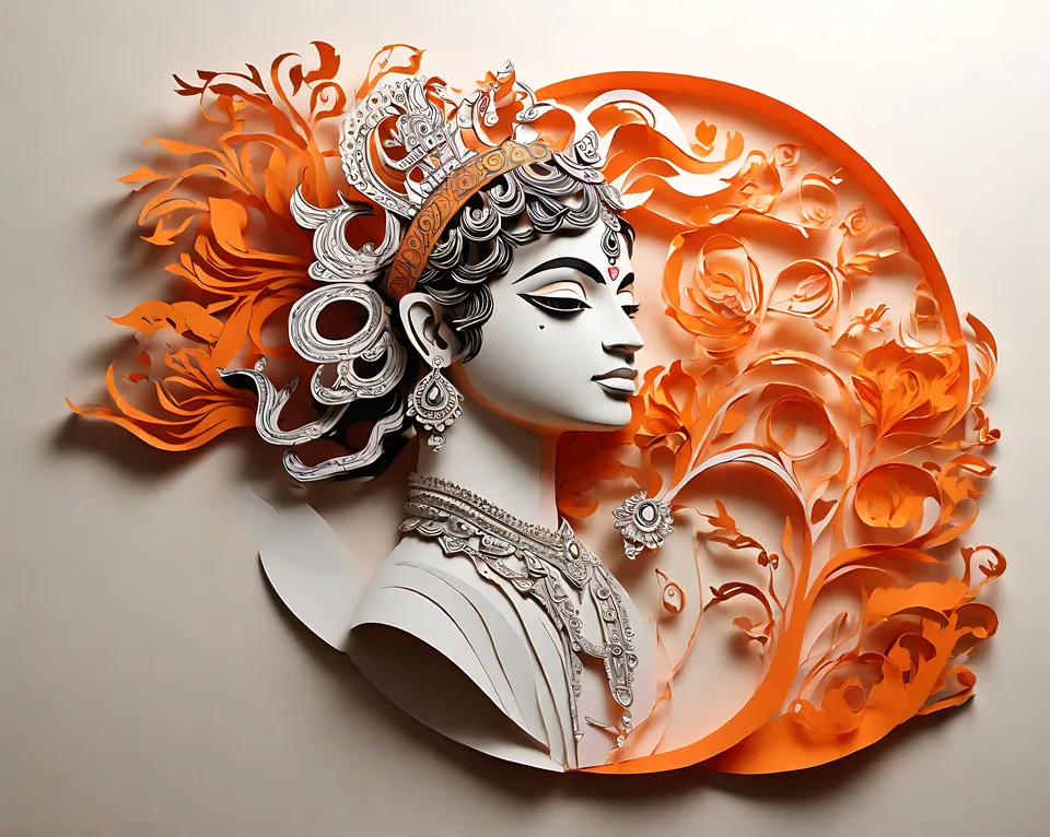 A stylized paper-cut art piece depicting a serene female deity with intricate silver and orange floral and crown details