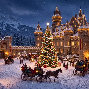 A festive, snow-covered castle at night, decorated with Christmas lights and a large tree, with people in period-style clothing and horse-drawn carria