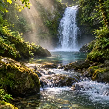 Sunlight filters through a forest canopy above a cascading waterfall and clear stream over mossy rocks