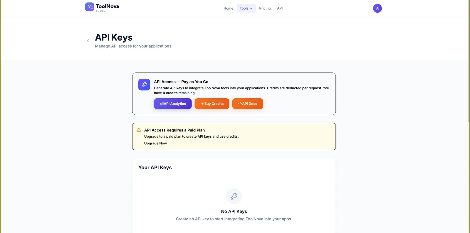A screenshot of the ToolNova website's API Keys page, showing options to generate API keys and a message that no keys have been created yet