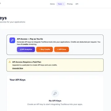 A screenshot of the ToolNova website's API Keys page, showing options to generate API keys and a message that no keys have been created yet