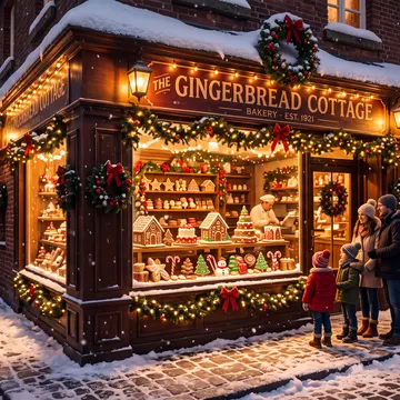 A warmly lit gingerbread bakery decorated for Christmas, with a family of four standing outside on a snowy cobblestone street