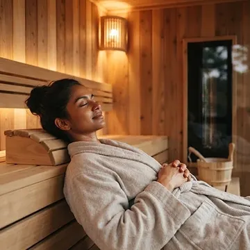 A woman in a beige robe resting on a wooden sauna bench in a warm lit room
