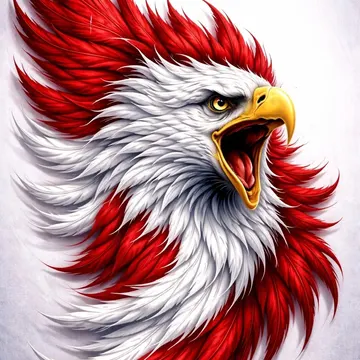 A red and white eagle head screaming with a yellow beak on a gray background