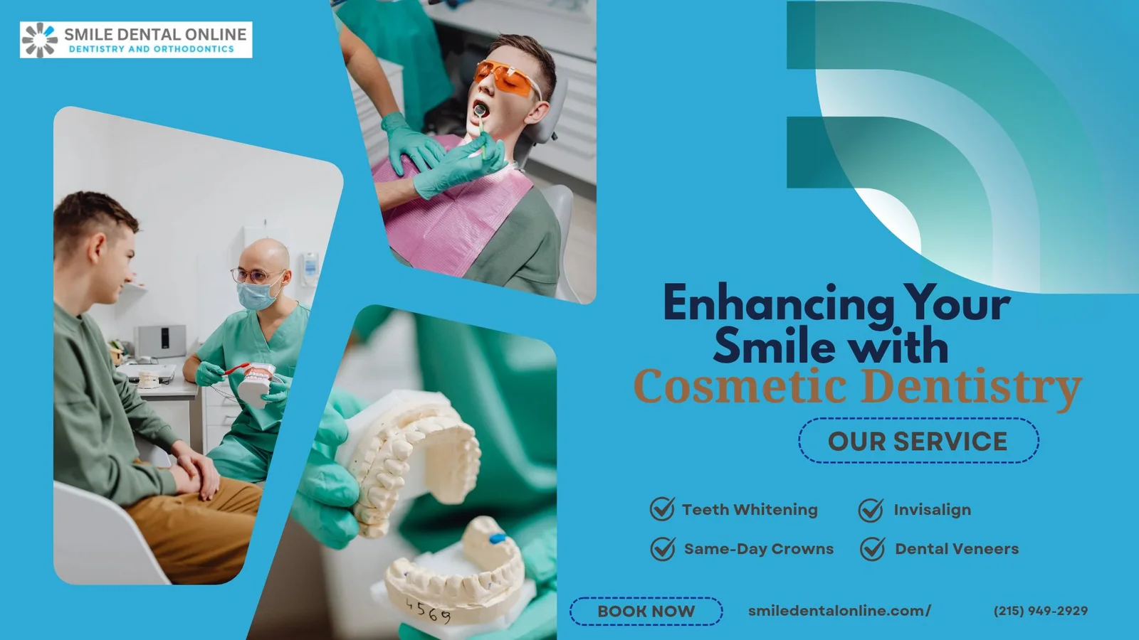 Dental clinic promoting cosmetic dentistry services including teeth whitening and veneers
