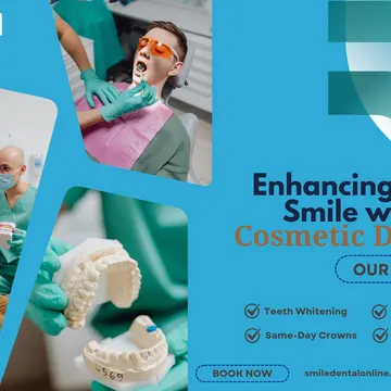 Dental clinic promoting cosmetic dentistry services including teeth whitening and veneers