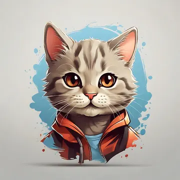 A stylized illustration of a cat wearing an orange jacket and blue shirt against a blue paint-splatter background