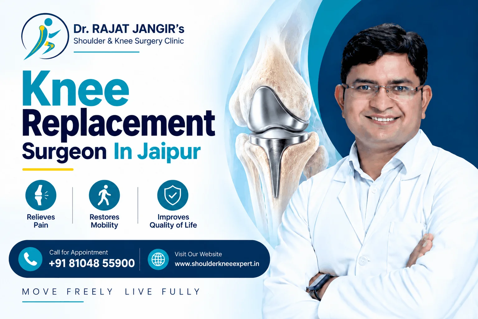 Doctor in white coat smiling with knee replacement implant graphic and clinic contact details