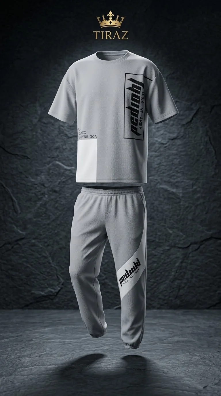 Gray athletic outfit with black text graphics floating in a dark stone studio setting