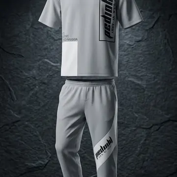 Gray athletic outfit with black text graphics floating in a dark stone studio setting
