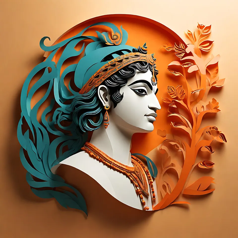 A stylized paper-cutout artwork of a classical female figure with elaborate teal hair and orange adornments, set against a warm-toned background