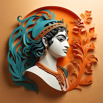 A stylized paper-cutout artwork of a classical female figure with elaborate teal hair and orange adornments, set against a warm-toned background