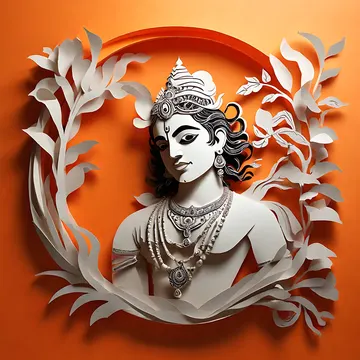 A stylized paper-cutout artwork of a person with ornate headwear and jewelry, framed by white leafy branches against an orange background