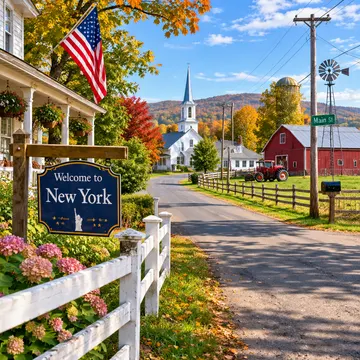 A rural New York village entrance with a welcome sign, red barn, church, and autumn trees under a sunny sky