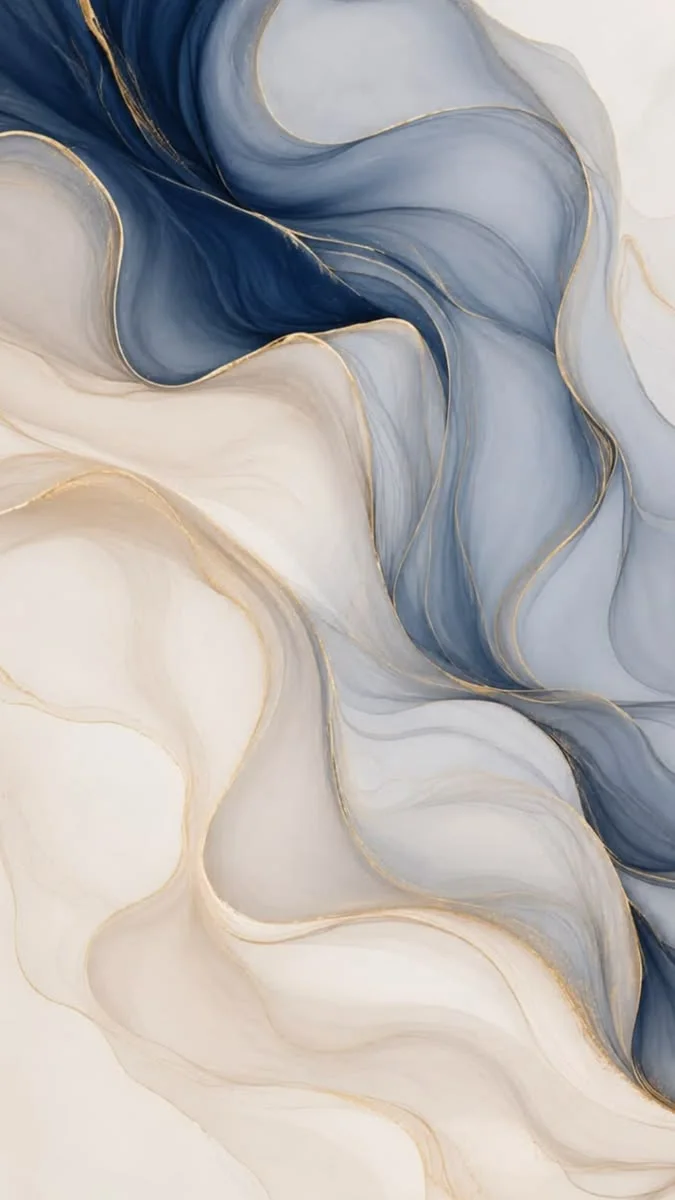 Luxurious abstract artwork with flowing navy blue cream and gold swirls