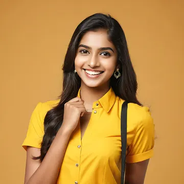 A young woman with dark hair and a bright yellow shirt smiles at the camera against a solid orange background