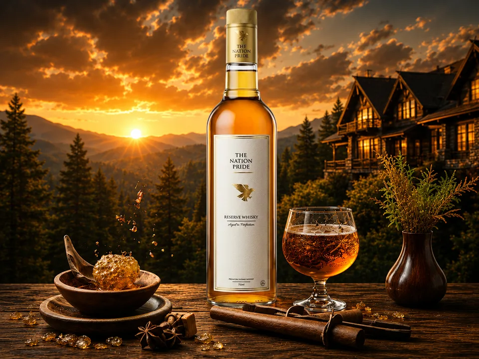 A bottle of 'The Nation Pride Reserve Whisky' and a glass of whisky are displayed on a wooden table with spices and a decorative bowl, against a backd