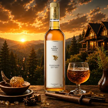 A bottle of 'The Nation Pride Reserve Whisky' and a glass of whisky are displayed on a wooden table with spices and a decorative bowl, against a backd