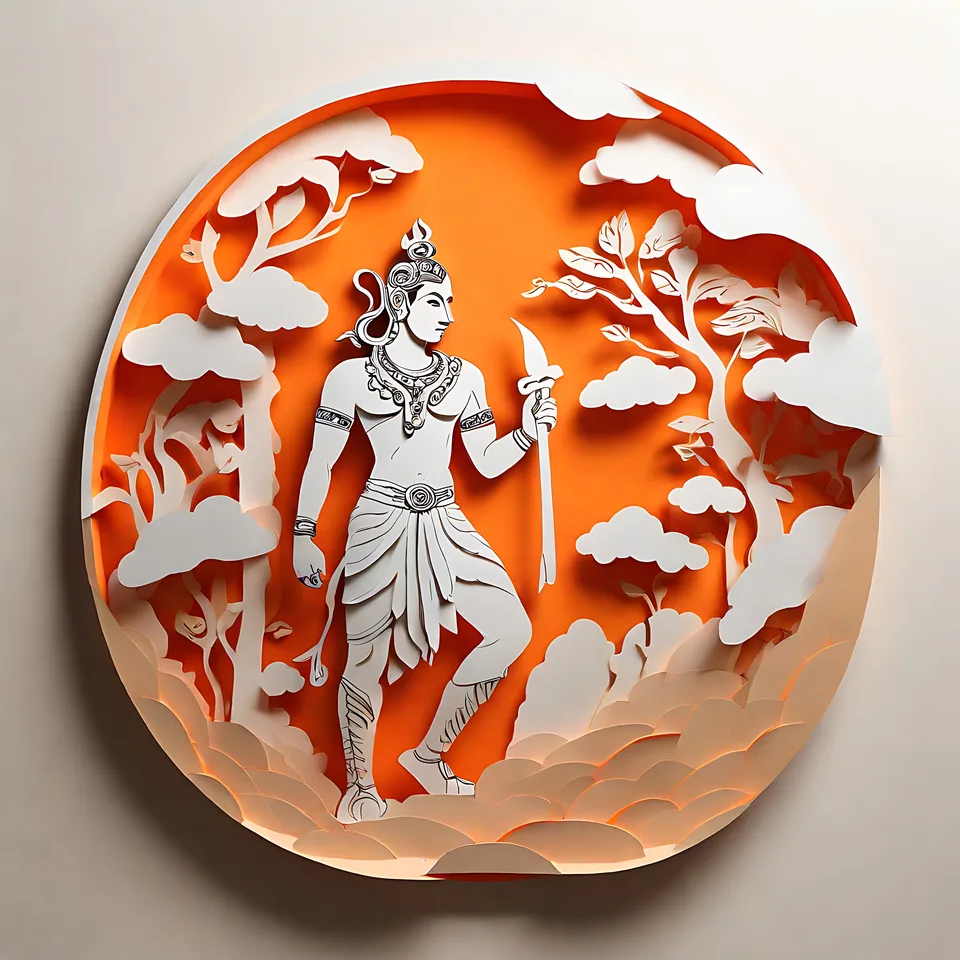 A white paper-cutout artwork depicts a stylized humanoid figure holding a weapon, surrounded by trees and clouds against an orange background