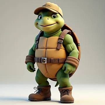 A cartoon turtle character wearing a cap, vest, and boots, standing against a plain background