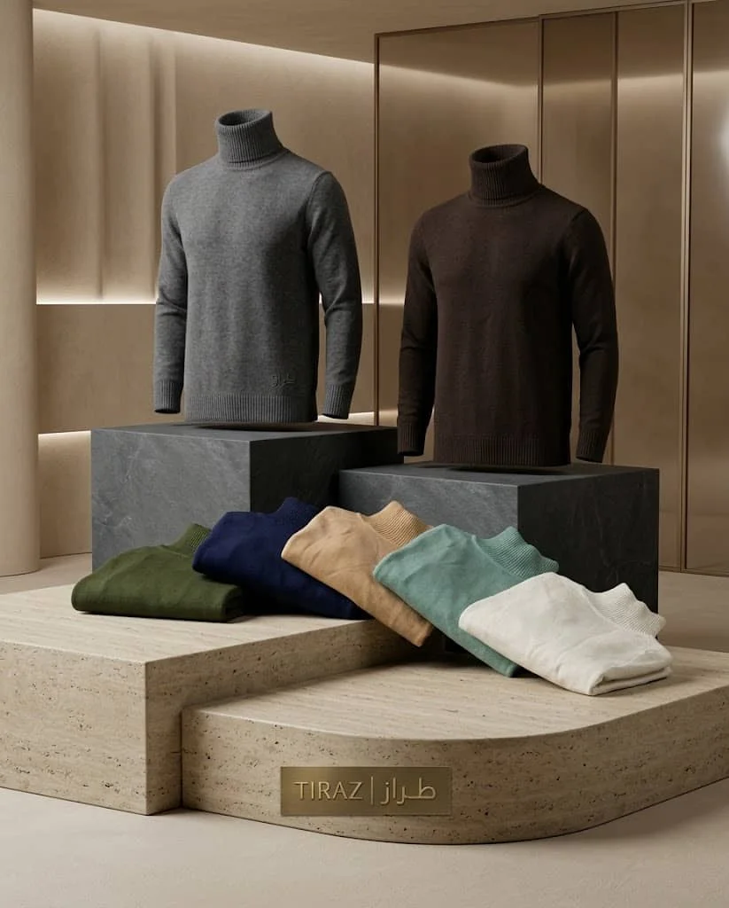 Mannequins wearing turtleneck sweaters with folded sweaters on stone display in a luxury boutique