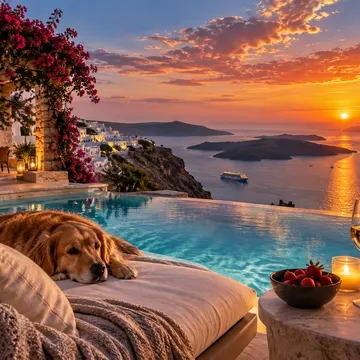 Golden retriever lounging by infinity pool at sunset with cruise ship and strawberries nearby